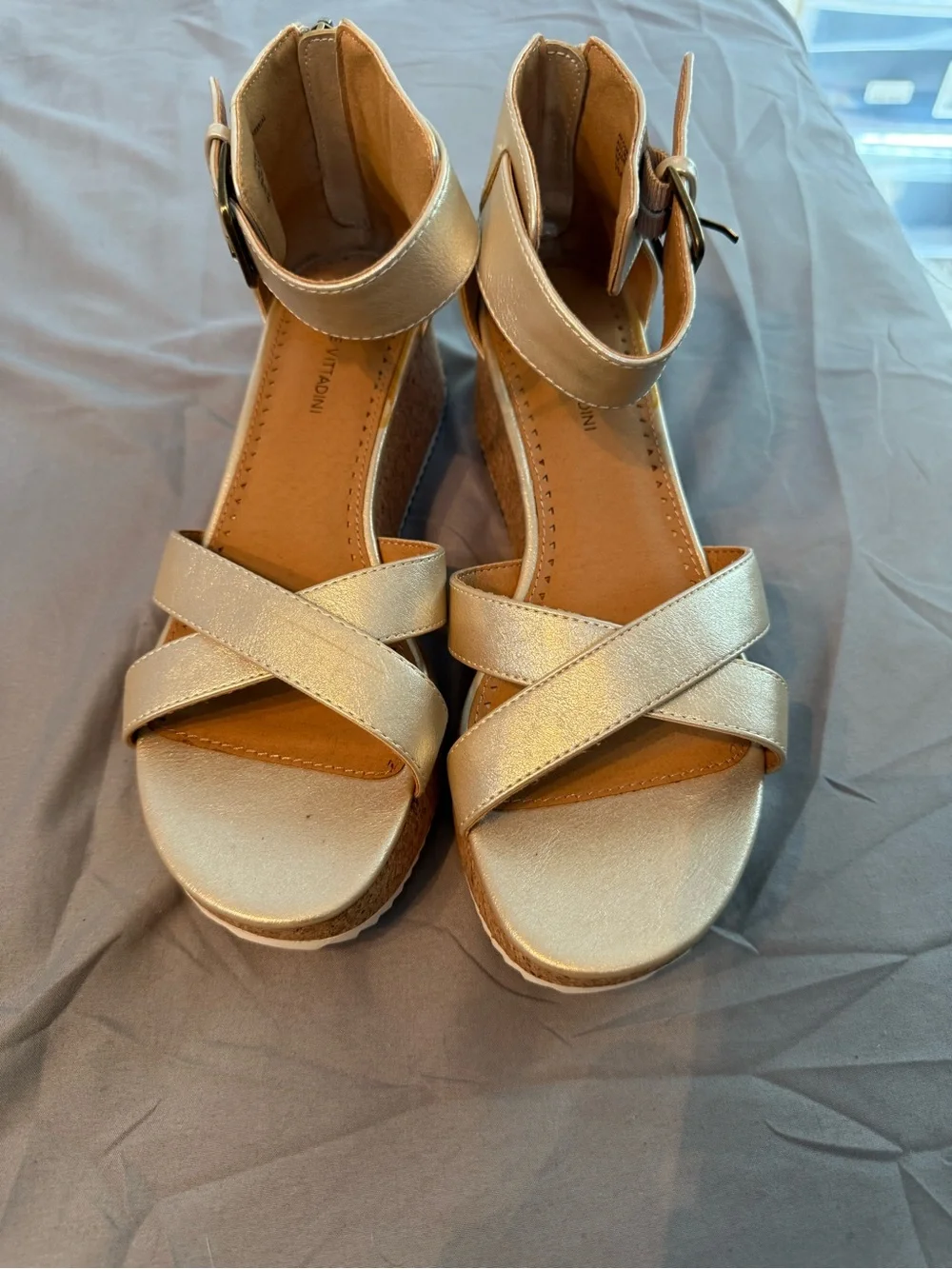 Adrienne Vittadini Metallic Gold Wedge Sandals with Ankle Buckle